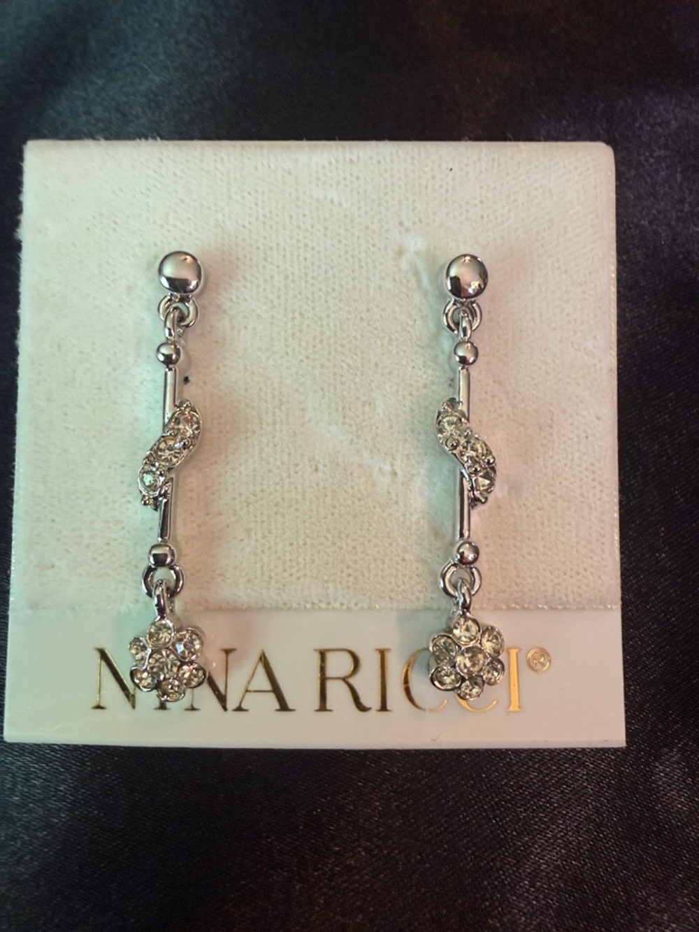 Nina Ricci Silver Crystal Floral Drop Earrings